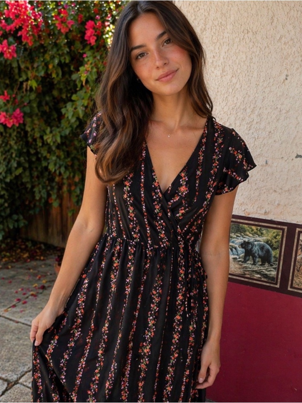 No Boundaries Black Floral V-Neck Maxi Dress with Pink Blossoms